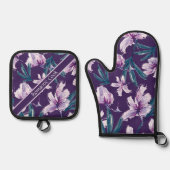 濃い紫に咲く花の水疱 鍋つかみ&鍋敷きセット (正面)