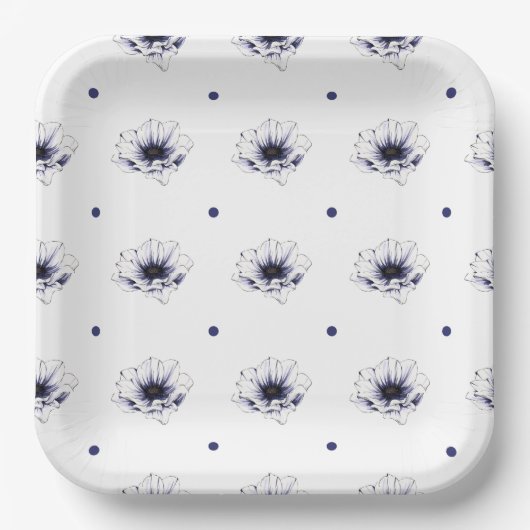 濃い紫のデイジー花水玉模様植物性パップ ペーパープレート (正面)