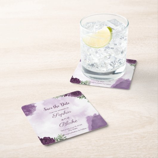 濃い紫のバラフローラゴシック日付を保存 スクエアペーパーコースター (インサイチュ)