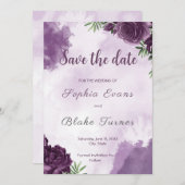 濃い紫のバラフローラゴシック日付を保存 招待状 (正面/裏面)