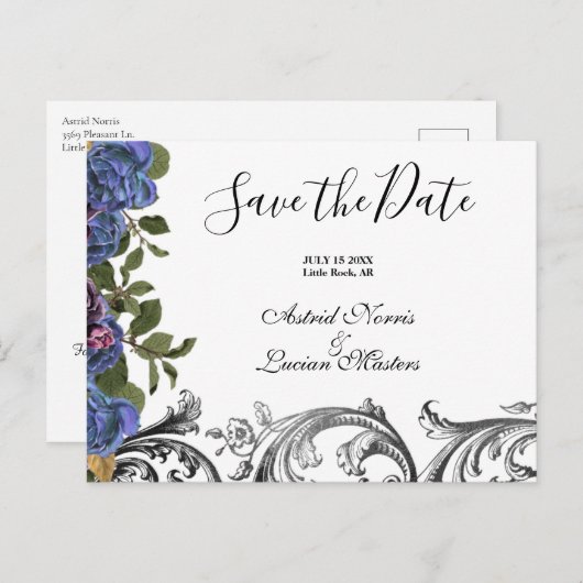 濃い紫のバラ日付の保存 案内ポストカード (正面/裏面)