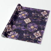 濃い紫のフローラとフェイク金ゴールド ラッピングペーパー (アンロールド)
