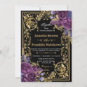 濃い紫のフローラヴィンテージ結婚金ゴールド  招待状 (正面)