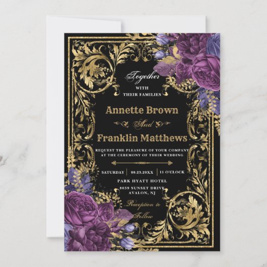 濃い紫のフローラヴィンテージ結婚金ゴールド 招待状 (正面)