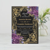 濃い紫のフローラヴィンテージ結婚金ゴールド  招待状 (スタンド正面)