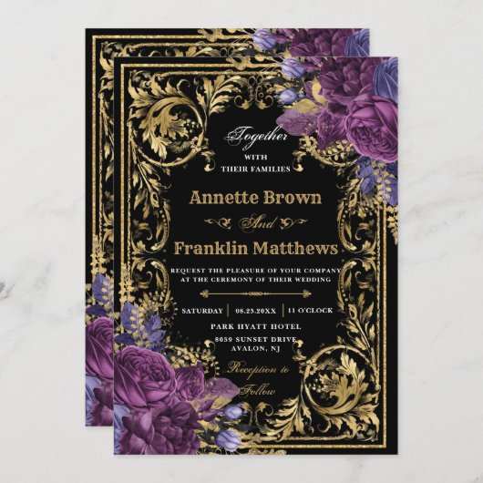 濃い紫のフローラヴィンテージ結婚金ゴールド  招待状 (正面/裏面)