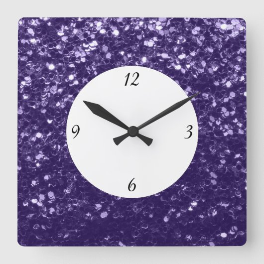 濃い紫の紫のグリッターが数字で輝く スクエア壁時計 (正面)