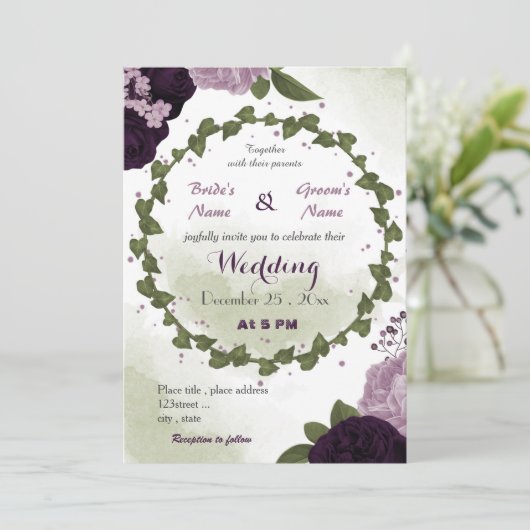濃い紫の花と淡い紫の花結婚が緑 招待状 (スタンド正面)