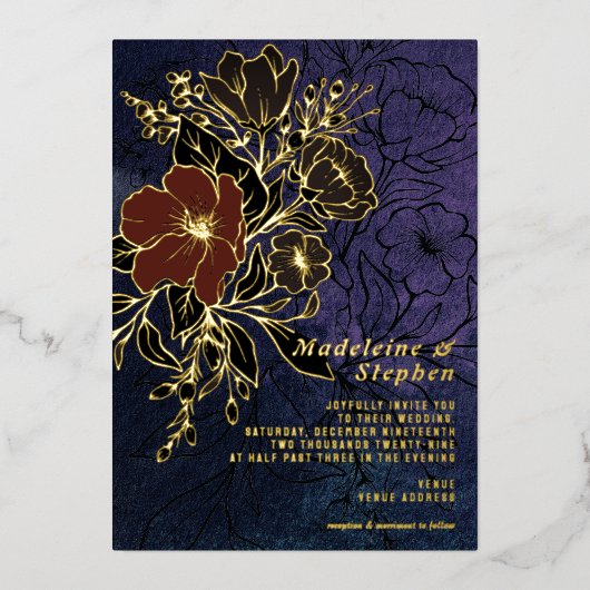 濃い紫の野草秋の冬の結婚式 箔招待状 (正面)