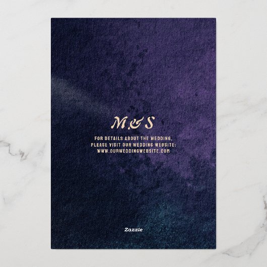 濃い紫の野草秋の冬の結婚式 箔招待状 (裏面)