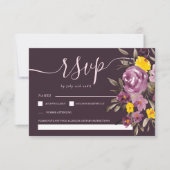 濃い紫エレガントのフローラ結婚式rsvpモノグラム 出欠カード (正面)
