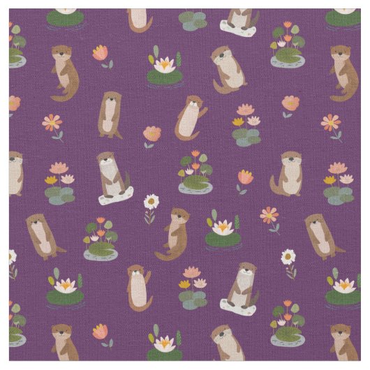 濃い紫色のカワウソとスイレン ファブリック (クローズアップ)