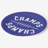 濃い紫色のフットボール型のCHAMPSテキスト ペーパープレート (アングル)