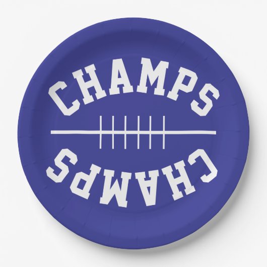 濃い紫色のフットボール型のCHAMPSテキスト ペーパープレート (正面)