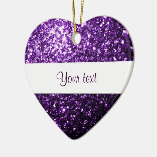 濃い紫色の光沢のあるフェイクグリッターの輝きをパーソナライズ セラミックオーナメント (左)