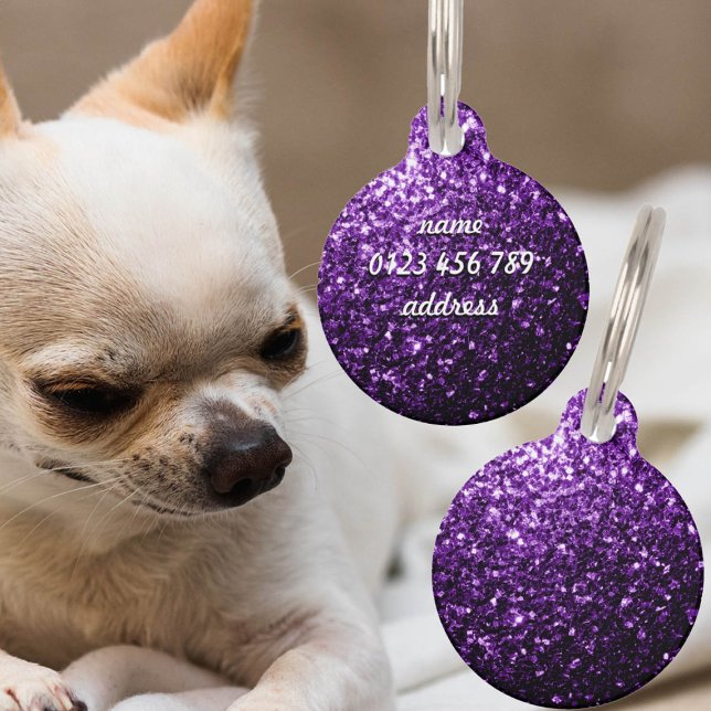 濃い紫色の光沢のあるフェイクグリッターの輝きをパーソナライズ ペット　ネームタグ (Dark Purple faux shiny glitter sparkle Personalized text Pet Tag)