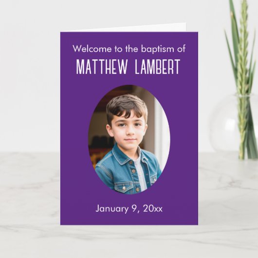 濃い紫色の写真フロントポルカドット折り畳みバプテスマ プログラム (正面)