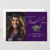 濃い紫色の大学院の写真のパーソナライズされた卒業 サンキューカード (正面/裏面)