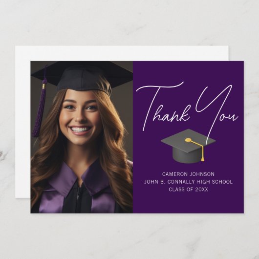 濃い紫色の大学院の写真のパーソナライズされた卒業 サンキューカード (正面/裏面)