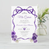 濃い紫色の花の弓リボンシルバーミンス 招待状 (スタンド正面)