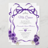 濃い紫色の花の弓リボンシルバーミンス 招待状 (正面/裏面)
