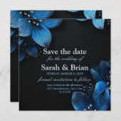 濃い結婚式招待状カードグリッター青い花 セーブザデート (正面/裏面)