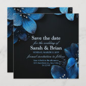 濃い結婚式招待状カードグリッター青い花 セーブザデート (正面/裏面)