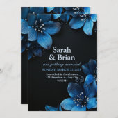 濃い結婚式招待状カードグリッター青い花 招待状 (正面/裏面)