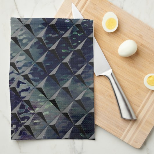 濃い緑がかった「スモークガラス」と3D正方形の混合 キッチンタオル (四つ折り)