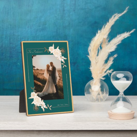 濃い緑とクリームバラ 結婚した フォトプラーク (側面)