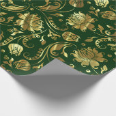 濃い緑と光沢のある金ゴールドダマスクパターン ラッピングペーパー (角)