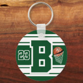 濃い緑と白のバスケットボールレターと番号 キーホルダー (正面)