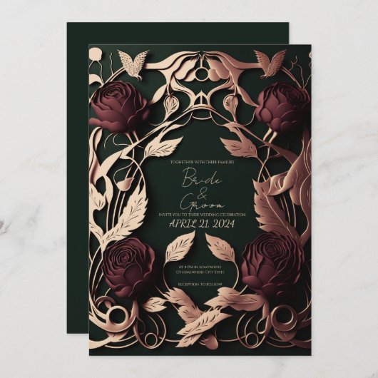 濃い緑と金ゴールドを持つバラ 招待状 (正面/裏面)