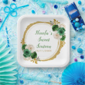 濃い緑と金ゴールドエレガントの花Sweet sixteen ペーパープレート (パーティー)