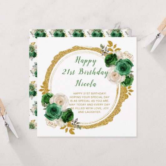 濃い緑と金ゴールドエレガント花誕生会 カード (正面/裏面インサイチュ)