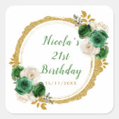 濃い緑と金ゴールドエレガント花誕生会 スクエアシール (正面)