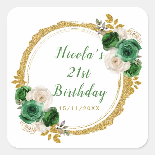 濃い緑と金ゴールドエレガント花誕生会 スクエアシール (正面)