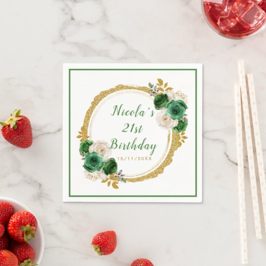 濃い緑と金ゴールドエレガント花誕生会 スタンダードカクテルナプキン (インサイチュ)