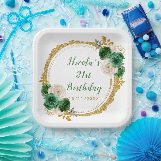 濃い緑と金ゴールドエレガント花誕生会 ペーパープレート (パーティー)