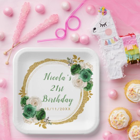 濃い緑と金ゴールドエレガント花誕生会 ペーパープレート (パーティー)