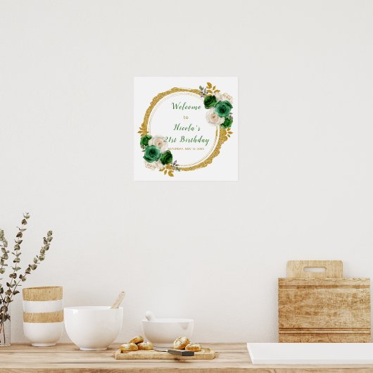 濃い緑と金ゴールドエレガント花誕生会 ポスター (キッチン)