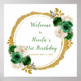 濃い緑と金ゴールドエレガント花誕生会 ポスター