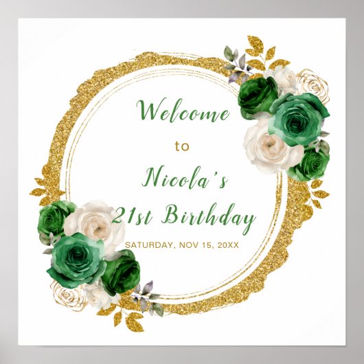 濃い緑と金ゴールドエレガント花誕生会 ポスター (正面)
