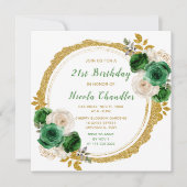 濃い緑と金ゴールドエレガント花誕生会 招待状 (正面)