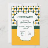 濃い緑と黄色のパターアーガイルンベビー写真 案内状 (正面)