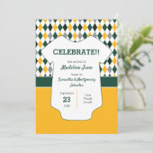 濃い緑と黄色のパターアーガイルンベビー写真 案内状 (スタンド正面)