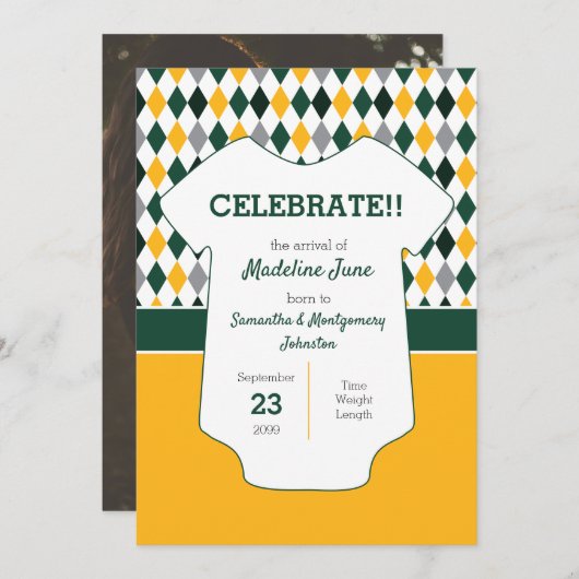 濃い緑と黄色のパターアーガイルンベビー写真 案内状 (正面/裏面)