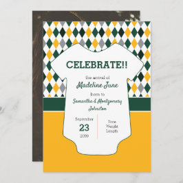 濃い緑と黄色のパターアーガイルンベビー写真 案内状