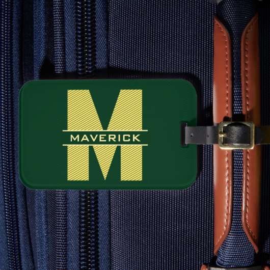 濃い緑と黄色のモノグラム名モダン男らし ラゲッジタグ (正面インサイチュ4)