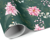 濃い緑にピンクのポインセチア花 ラッピングペーパー (ロールコーナー)